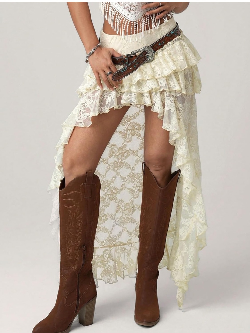 Boho Cream Lace High-Low Ruffle Skirt - Picture 3 of 6